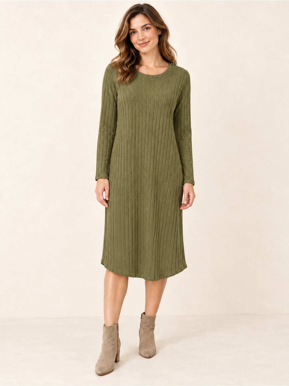 Ribbed Long-Sleeve Midi Dress - Olive
